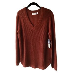 NEW RD Style V-Neck Sweater Size Large Reddish Brown Long Sleeves Ribbed